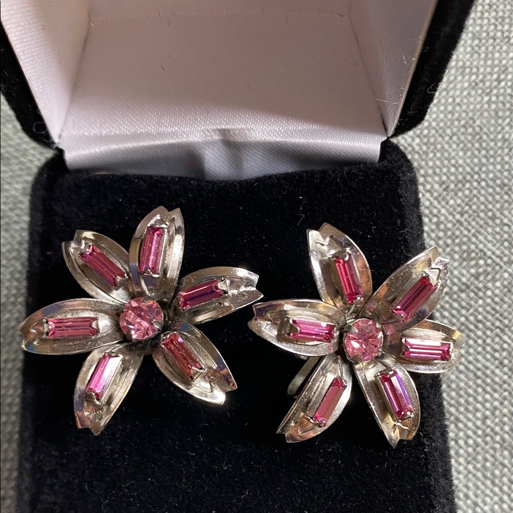 Sterling Silver Bond Boyd Pink Rhinestone Flower Earrings